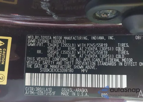 2012 Toyota Highlander Limited V6 z USA, uszkodzony, nr VIN 5TDDK3EH3CS098180